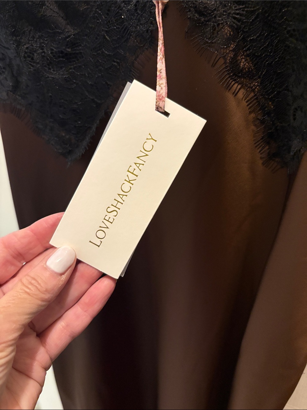 LoveShackFancy Brown Satin Slip with Black Lace Trim